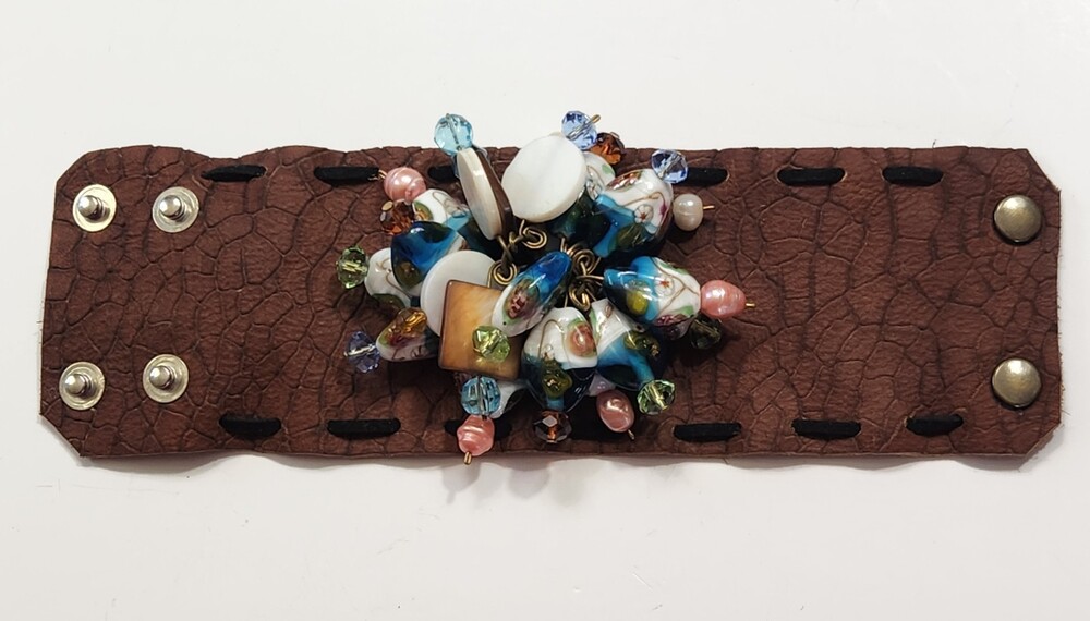 Handmade Wide Leather Cuff Bracelet Beaded Statement Boho Murano Glass Crystals